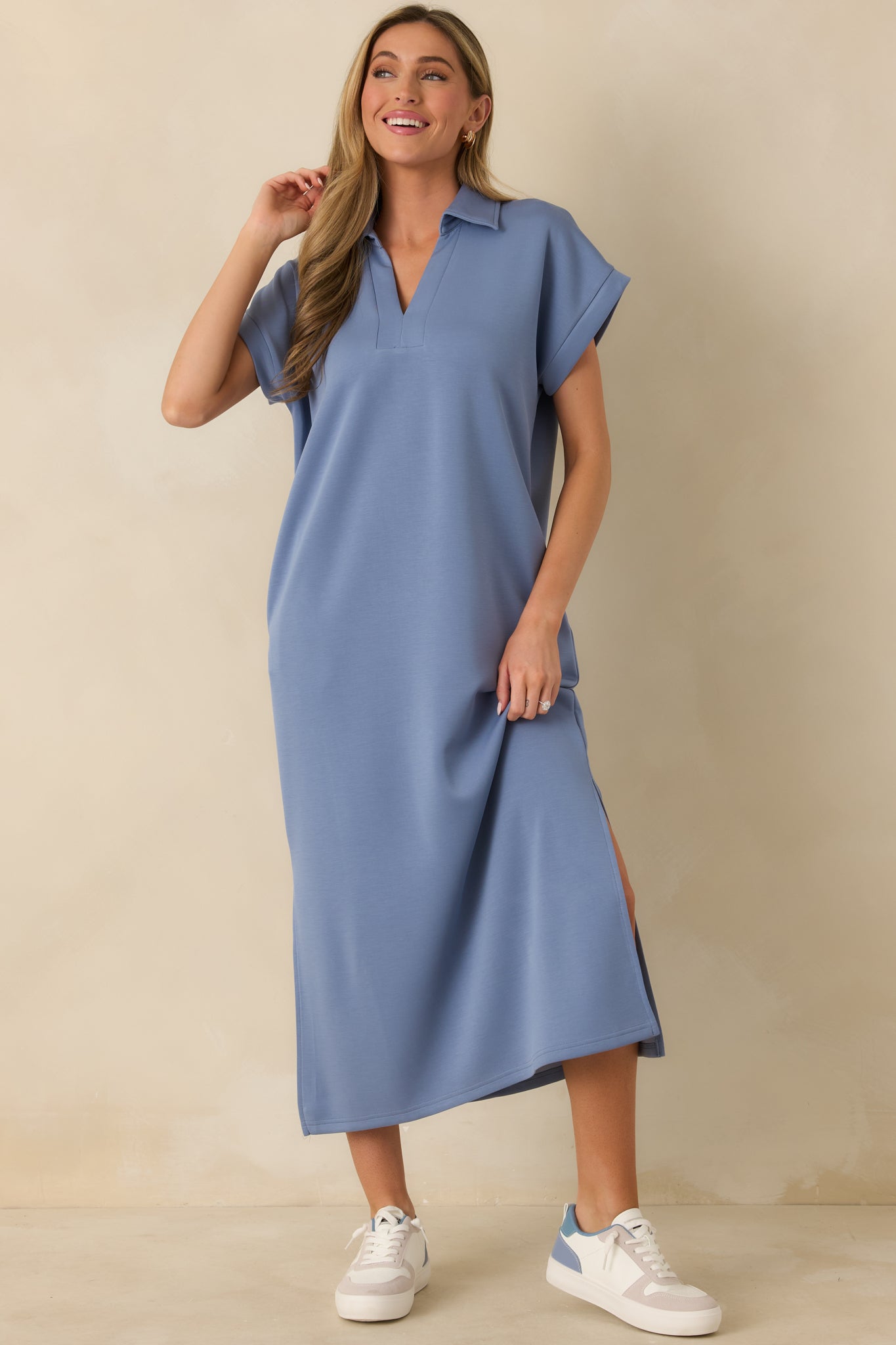 Women's Made The Right Call Chambray Blue Collared Midi T-Shirt Dress | Size: L Women's Made The Right Call Chambray Blue Collared Midi T-Shirt Dress | Size: L