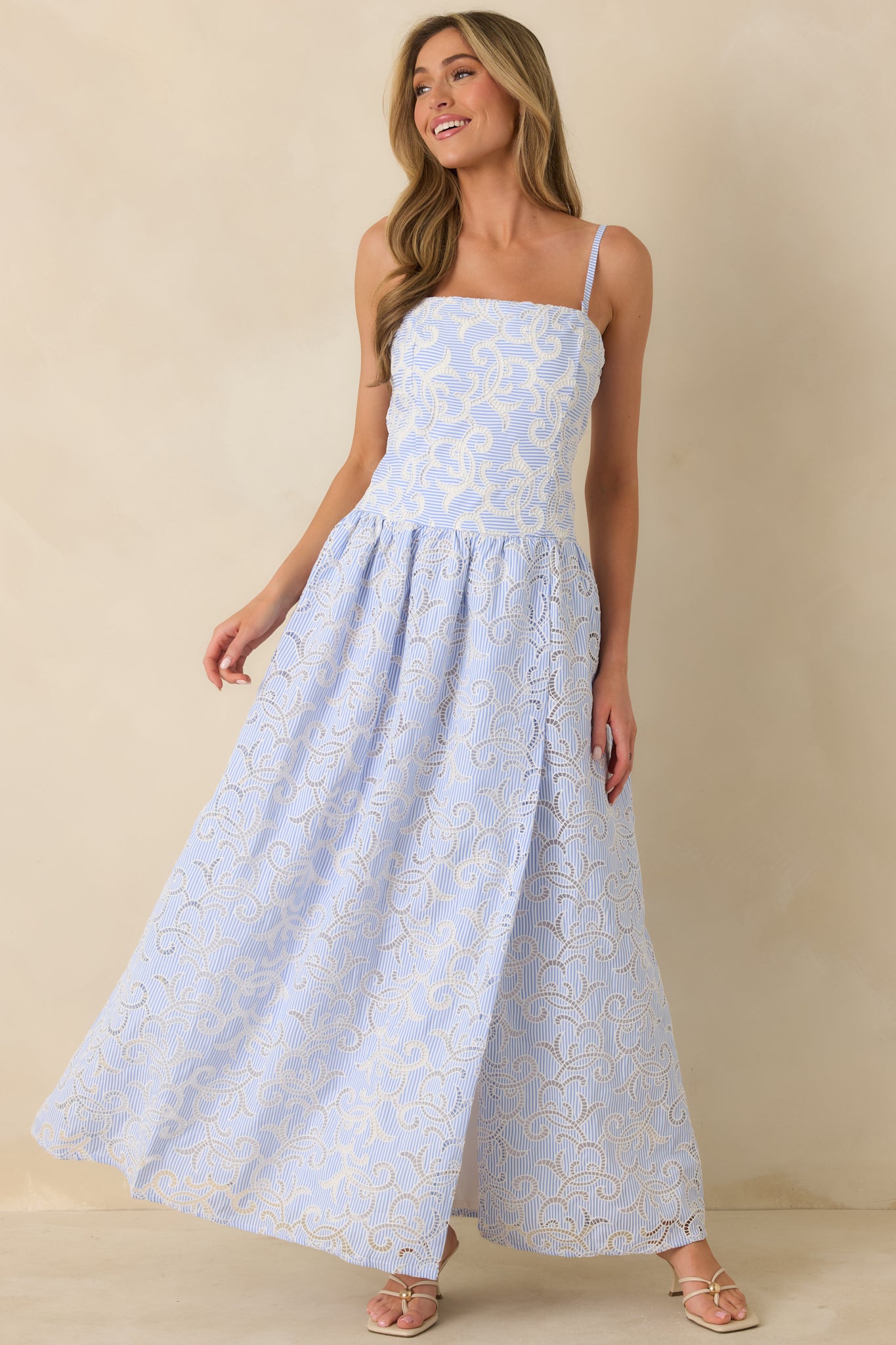 The Space Between Blue Stripe Embroidered Eyelet Maxi Dress The Space Between Blue Stripe Embroidered Eyelet Maxi Dress