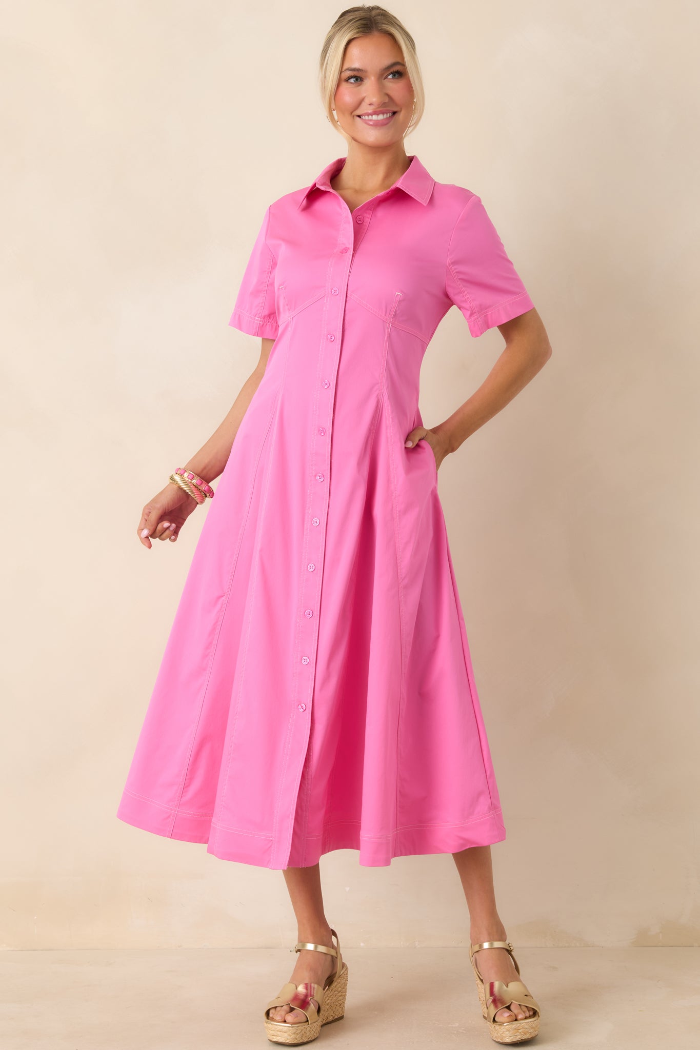 Red Dress | Pink Short Sleeve Midi Shirt Dress