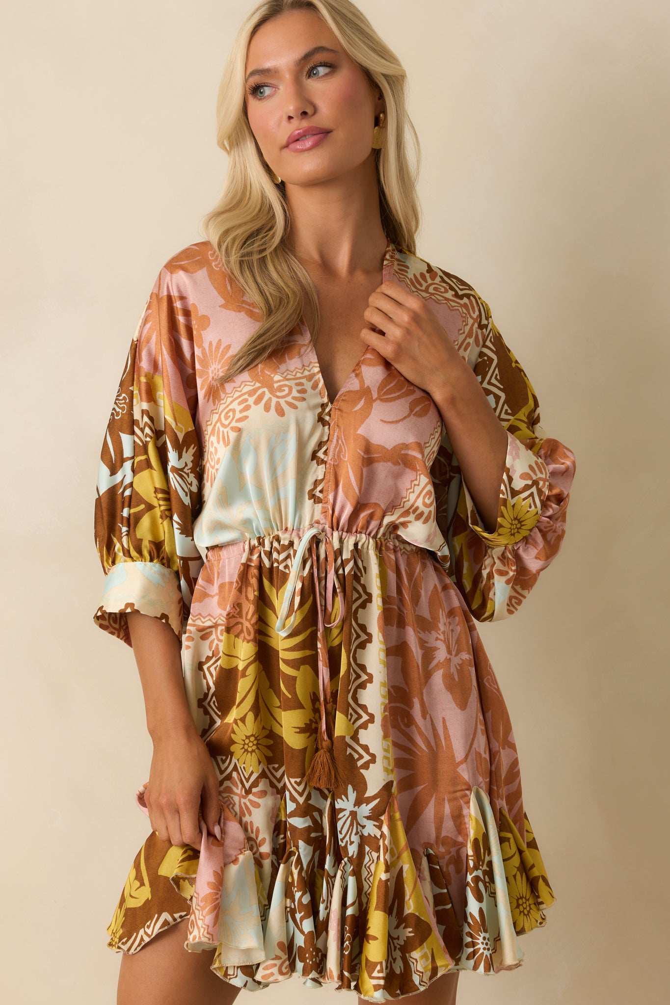 Front cropped view showing the flouncy godet hem inserts and patchwork design.