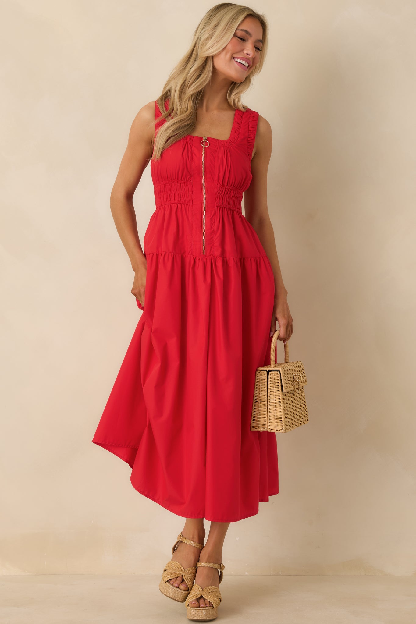 Front-facing angle focusing on the functional pockets and relaxed drape of the skirt.