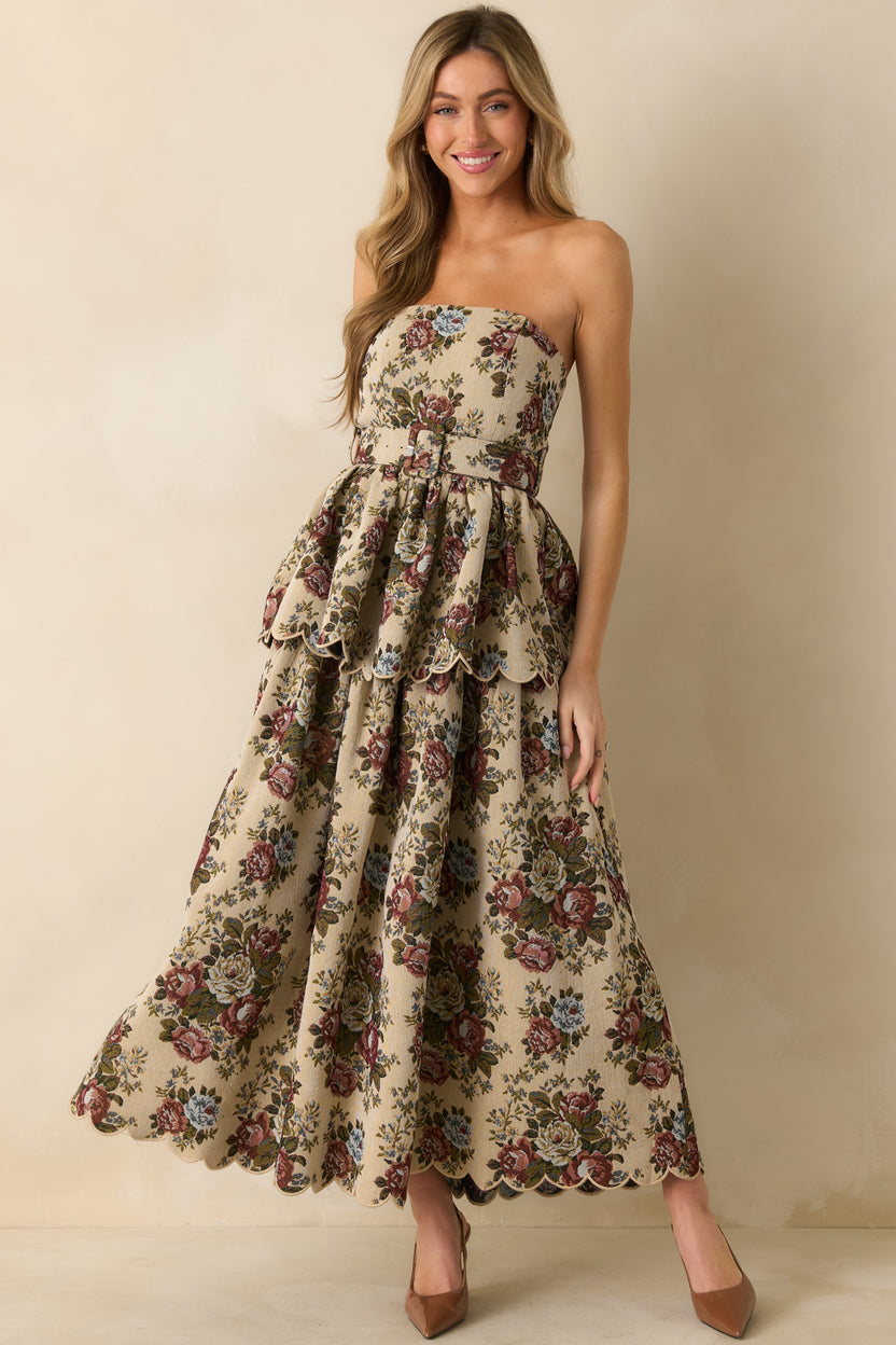 Beige Multi Floral Tapestry Strapless Midi Dress