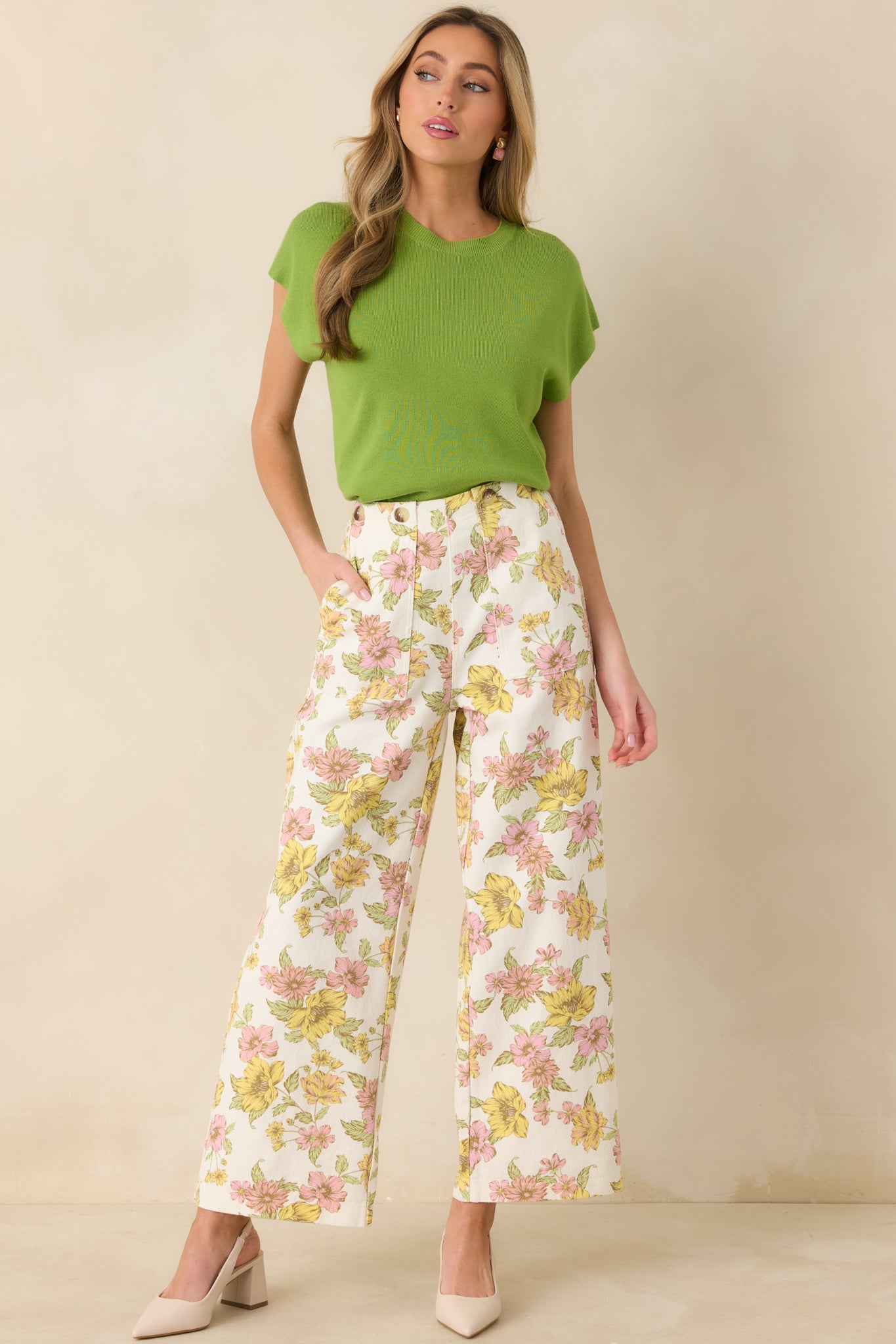 Front-facing full body image highlighting the high-rise waist and straight wide leg design.