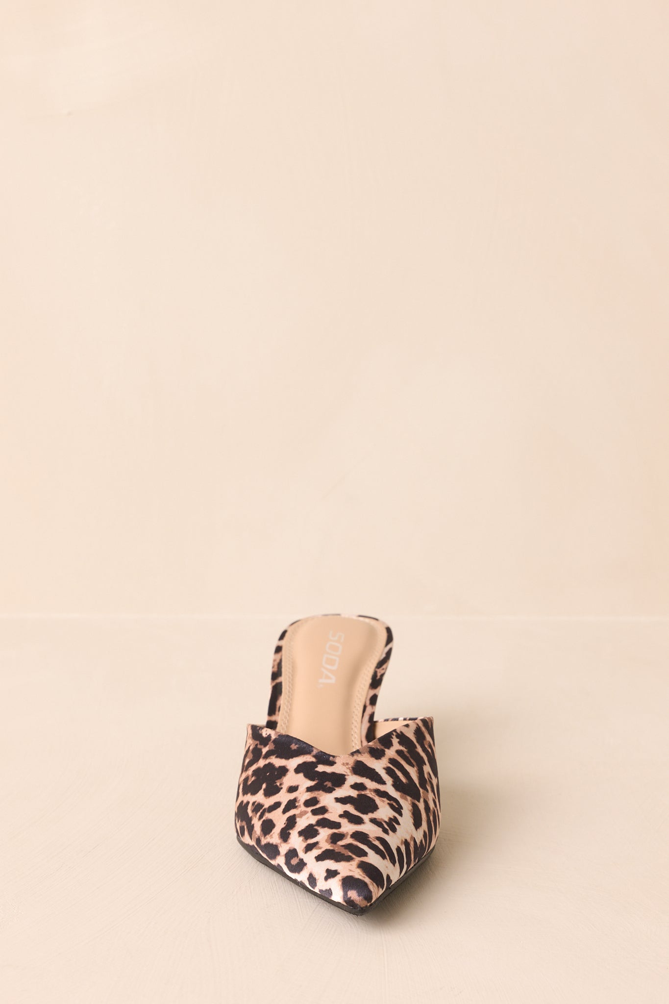 Front-facing view of extremely pointed toe design on leopard heels.