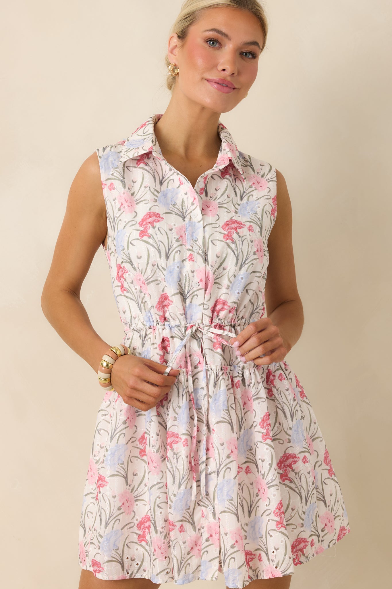 Front focus on adjustable waist tie and gathered waist shaping.