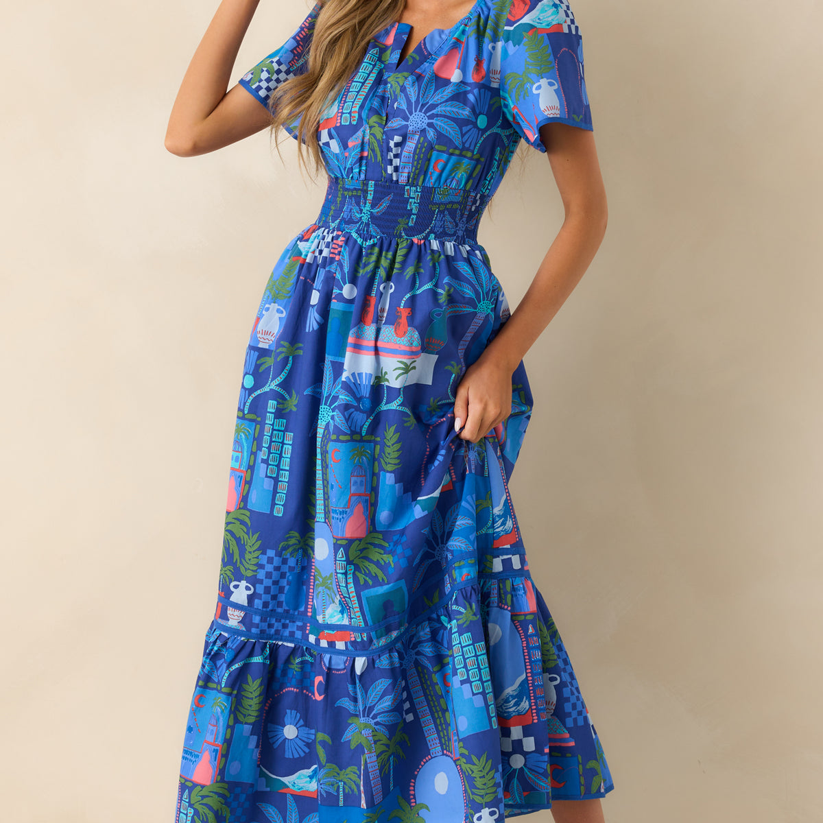 Doing Just Fine Cobalt Blue Tropical Print Cotton Short Sleeve Maxi Dress Doing Just Fine Cobalt Blue Tropical Print Cotton Short Sleeve Maxi Dress