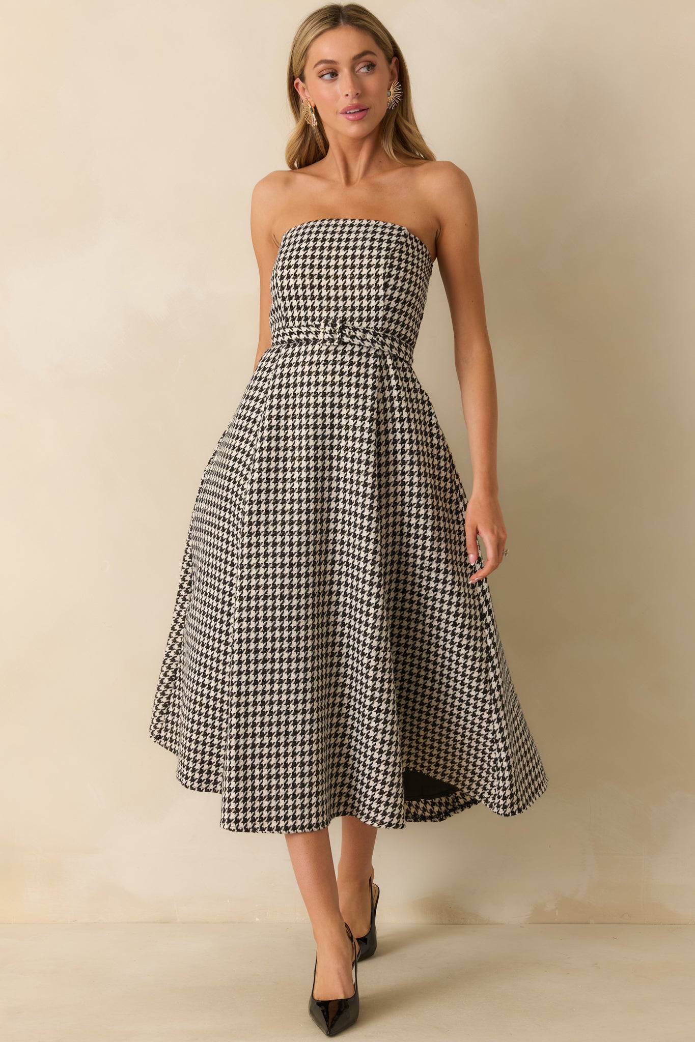 Black Houndstooth Belted Bandeau Midi Dress - Event Dresses | Red
