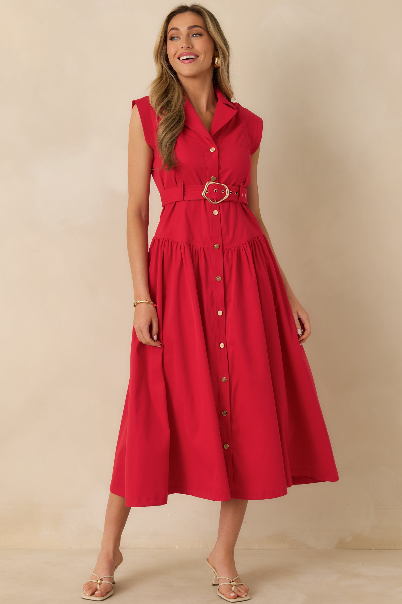 Red Sleeveless Belted Maxi Shirt Dress - All Dresses