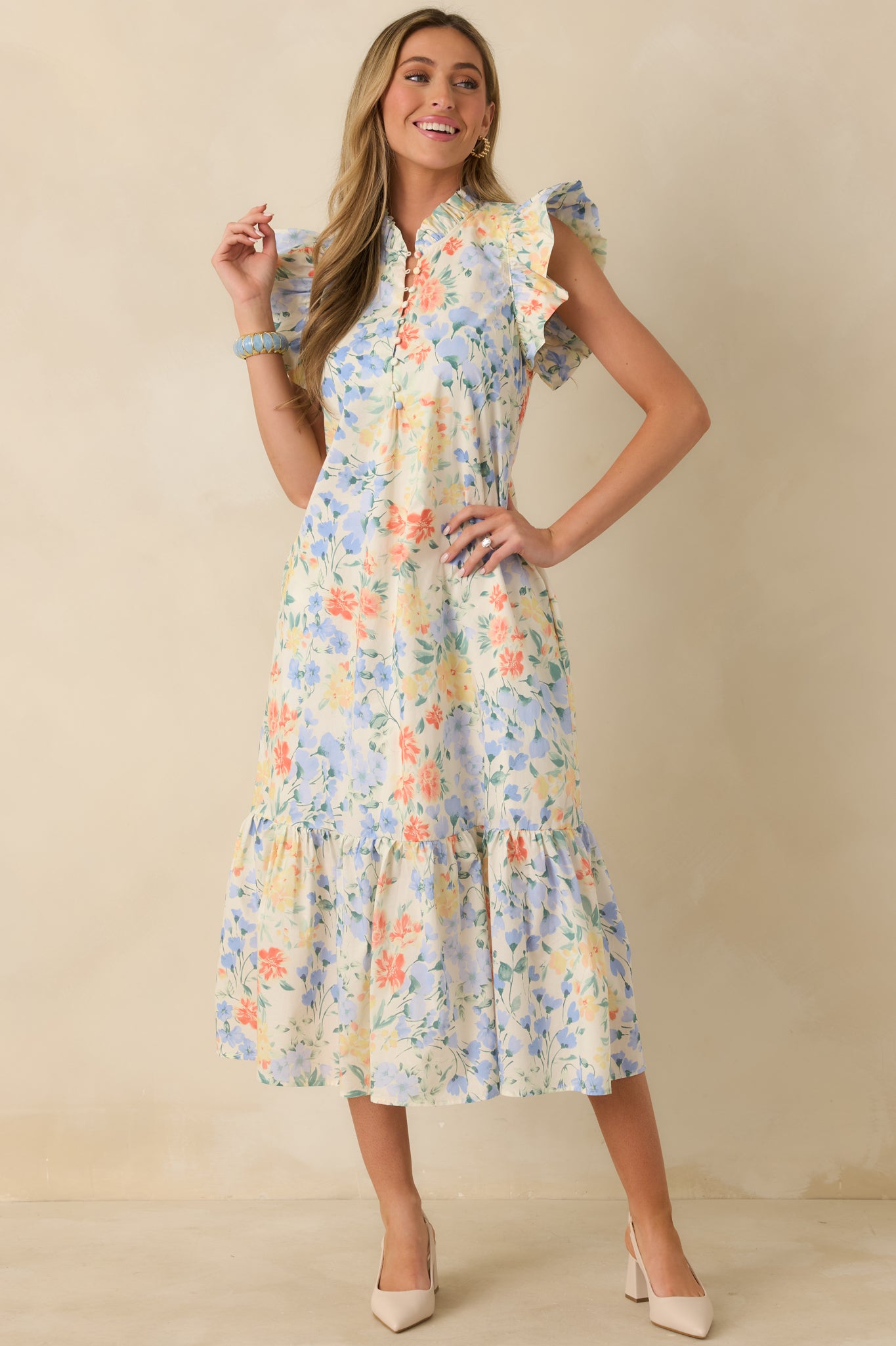 Ivory Multi Pastel Florals Flutter Sleeve Midi Dress - All Dresses