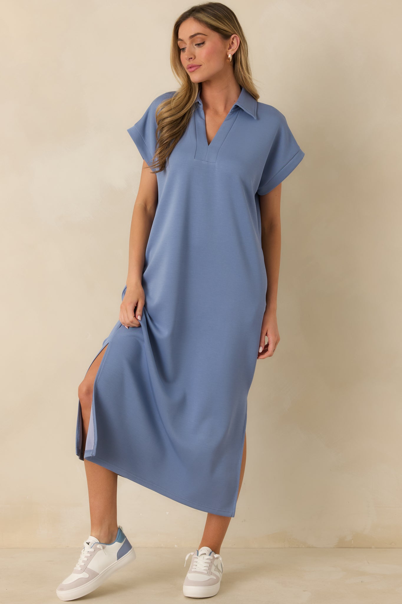 Made The Right Call Chambray Blue Collared Midi T-Shirt Dress Made The Right Call Chambray Blue Collared Midi T-Shirt Dress