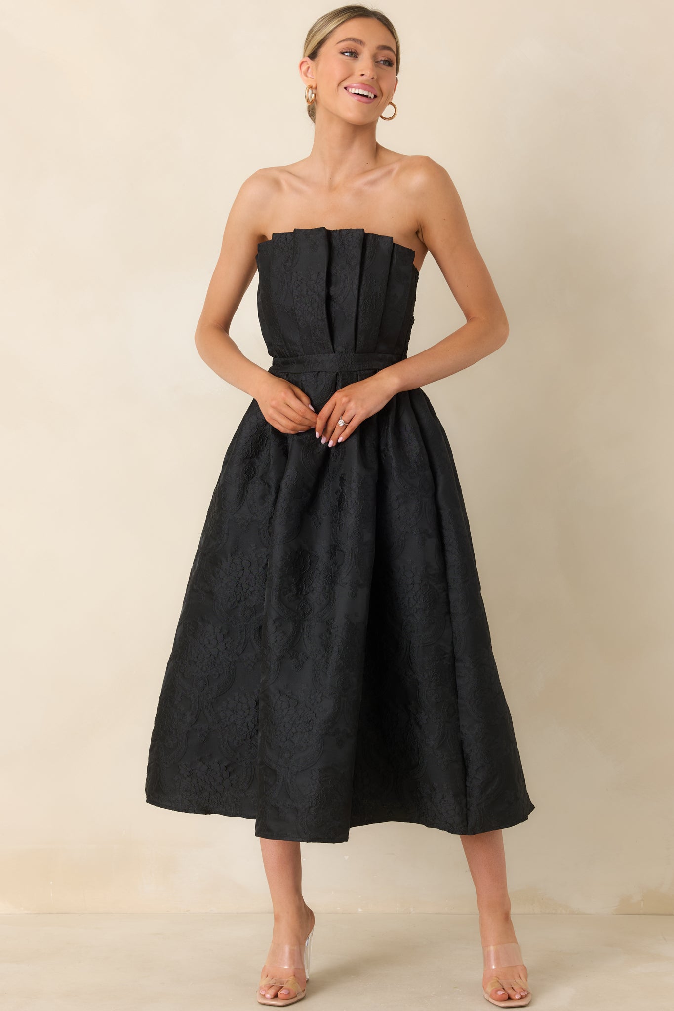 bcbgeneration drape pocket midi dress Women's The Genevieve Black Jacquard Strapless Midi Dress | Size: L