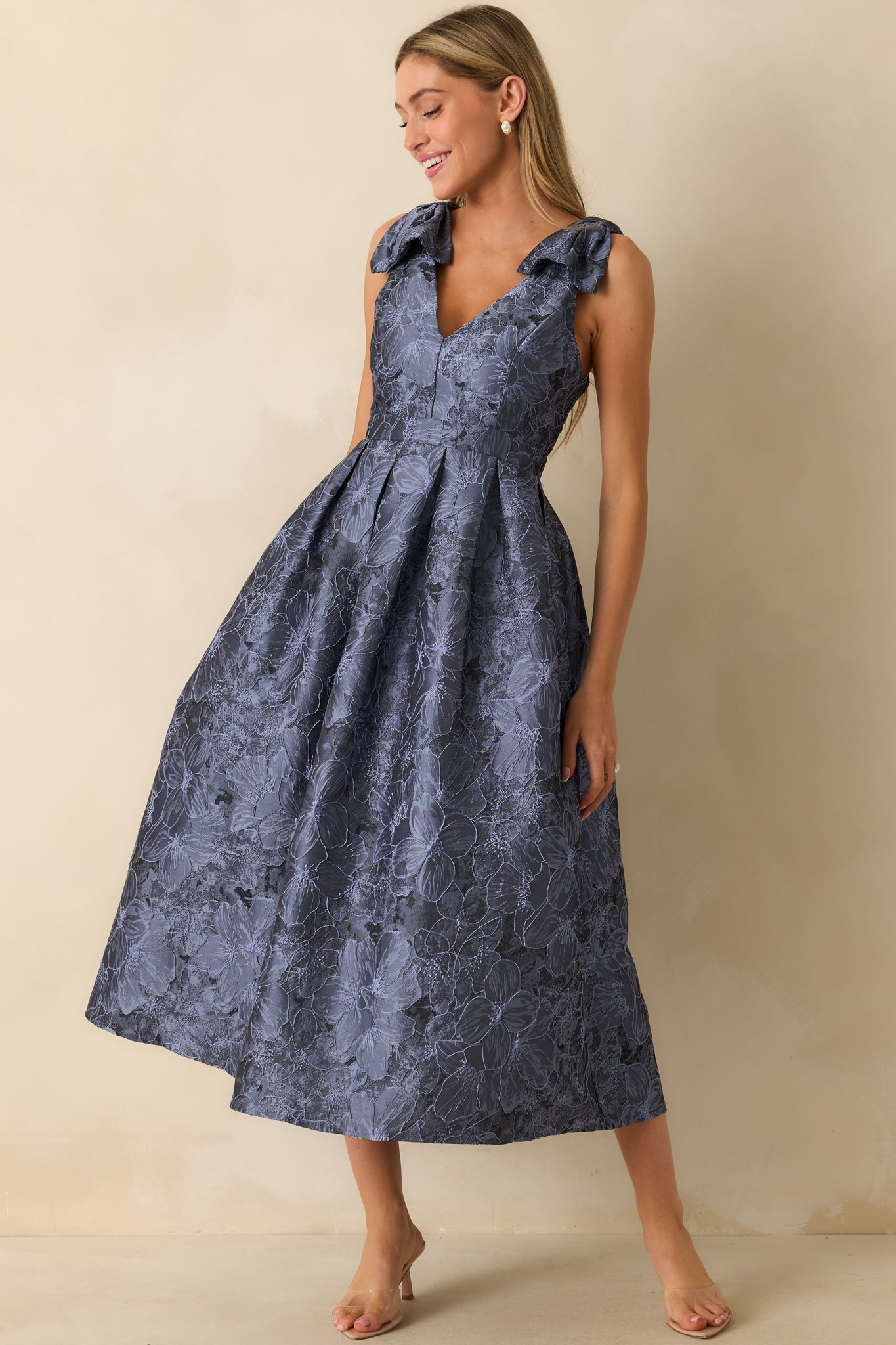 Enchanting Elegance Slate Blue Floral Jacquard Midi Dress - Event