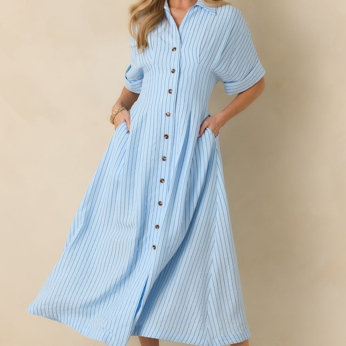 blue and white long sleeve dress The WFH simple and practical Blue/White Floral Puff Sleeve Dress