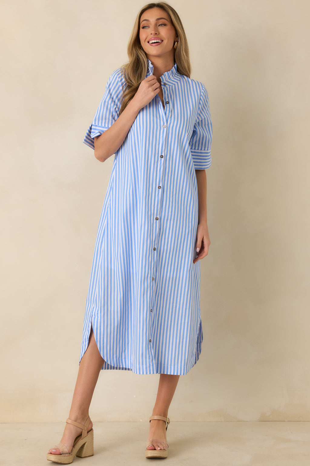 chinese dress ladies Women's in Perfect Order Blue Stripe Button Front Ruffle Collar Midi Shirt Dress | Size: S