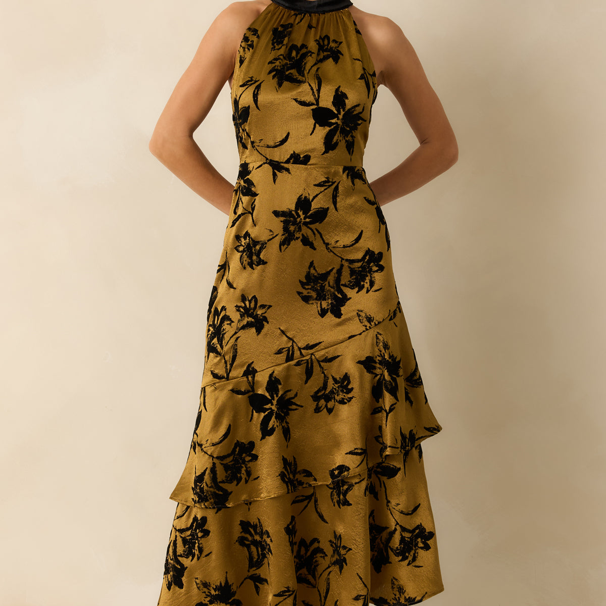 Women's Sweet Recollection Dark Gold Floral Satin Maxi Dress | Size: S