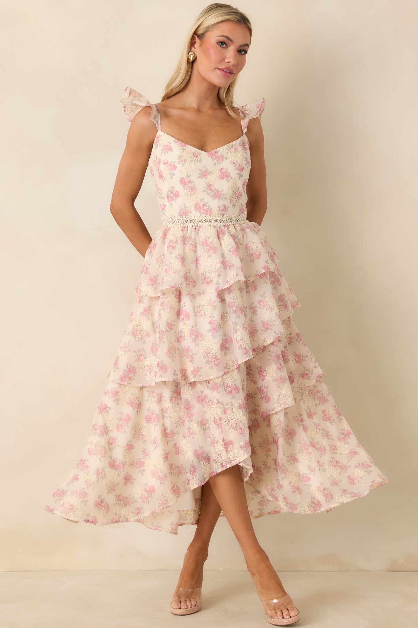 Full-length front view emphasizing the adjustable shoulder straps and flowing silhouette.