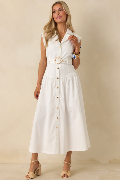 White Sleeveless Belted Maxi Shirt Dress - All Dresses