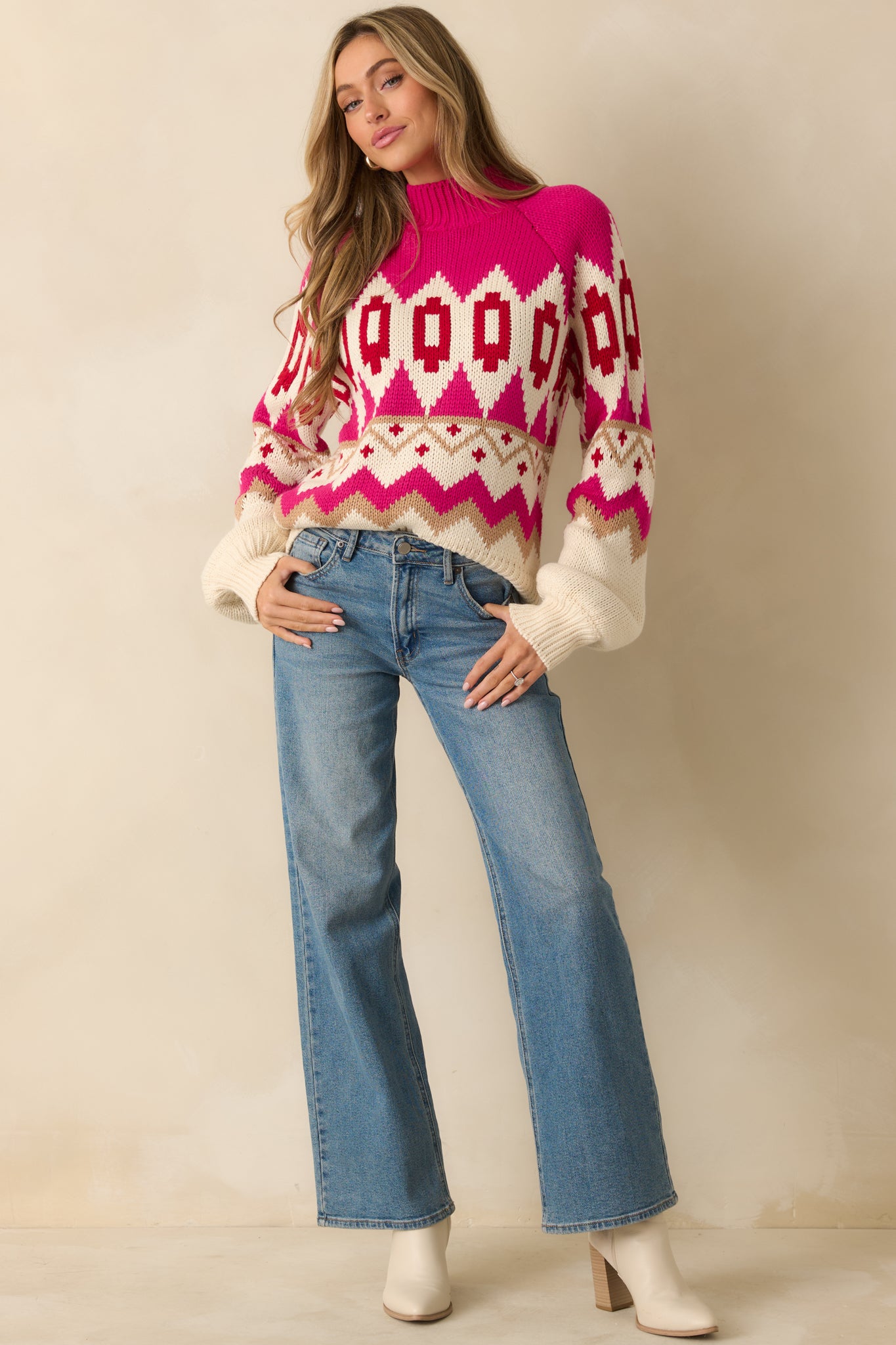 Front view of the Fair Isle knit sweater highlighting the mock neckline and long sleeves.