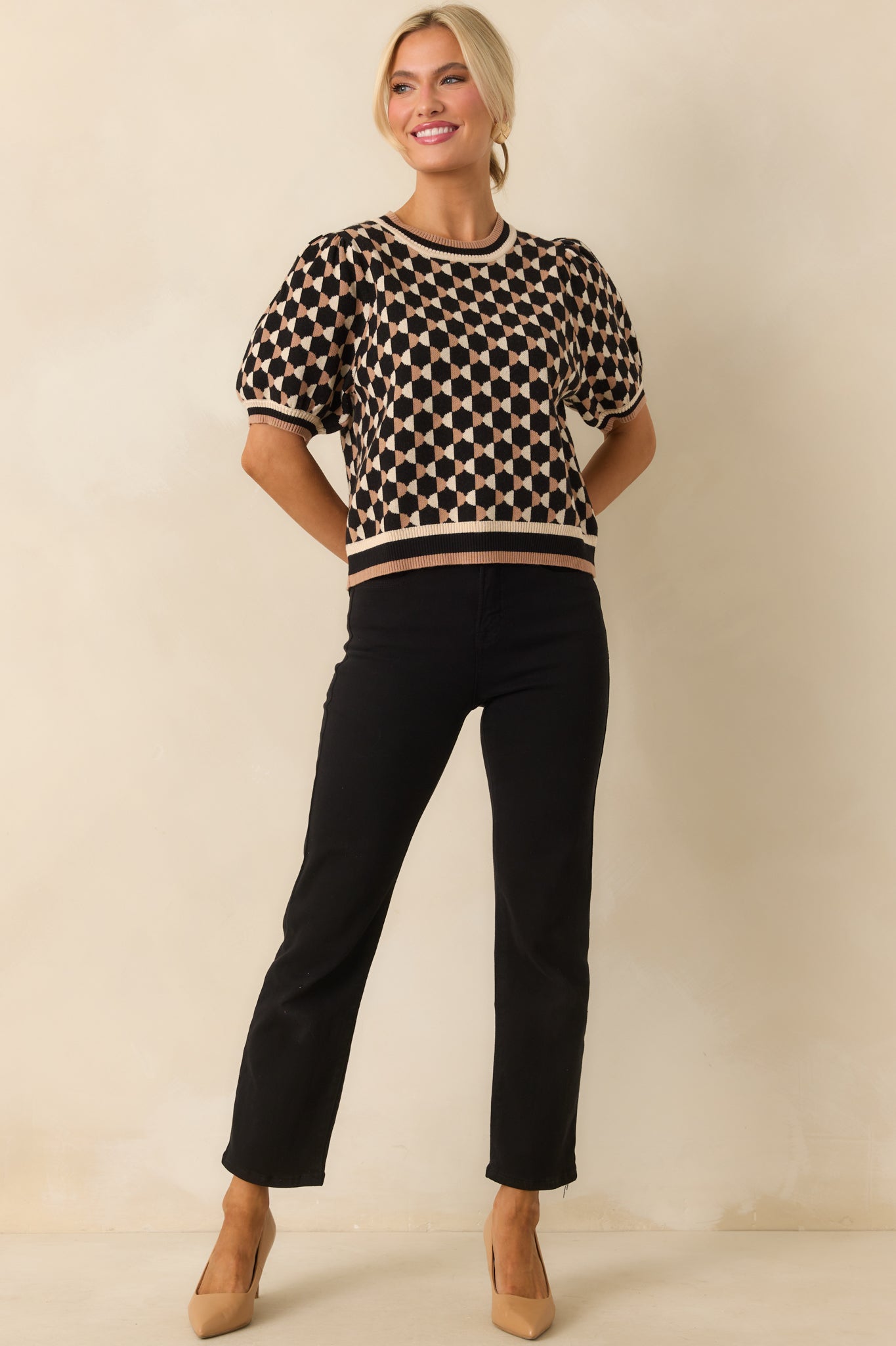 Black Geometric Puff Sleeve Knit Top - Women's Sweaters | Red Dress