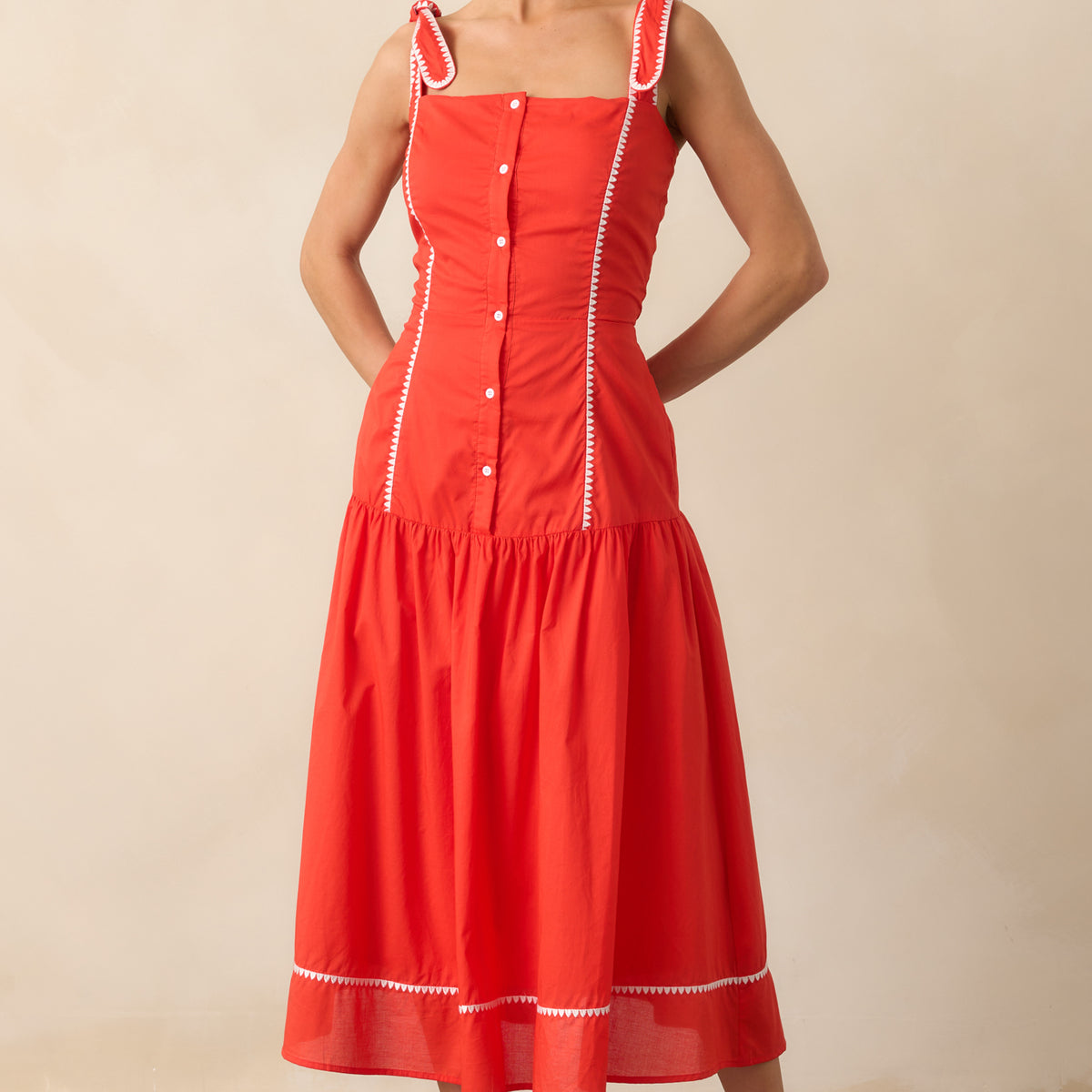 Red Cotton Drop Waist Midi Dress - Shirt Dresses | Red Dress