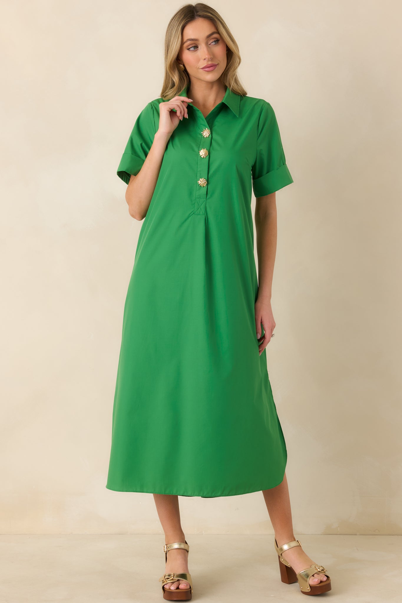 green dress gold buttons Sail To Sable Emerald Dylan Tweed Dress Emerald / M / SCH2405 main image 1