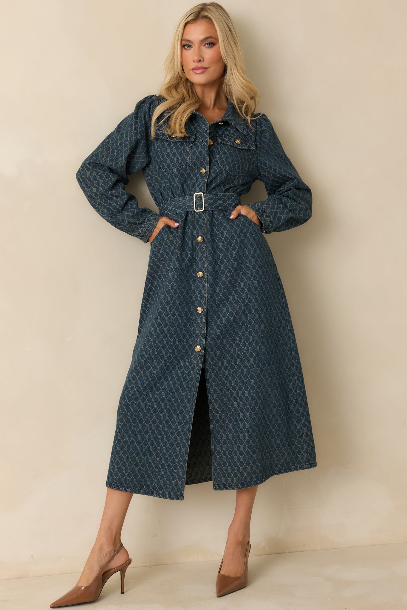 Front view highlighting the structured midweight cotton denim and clean, tailored lines.