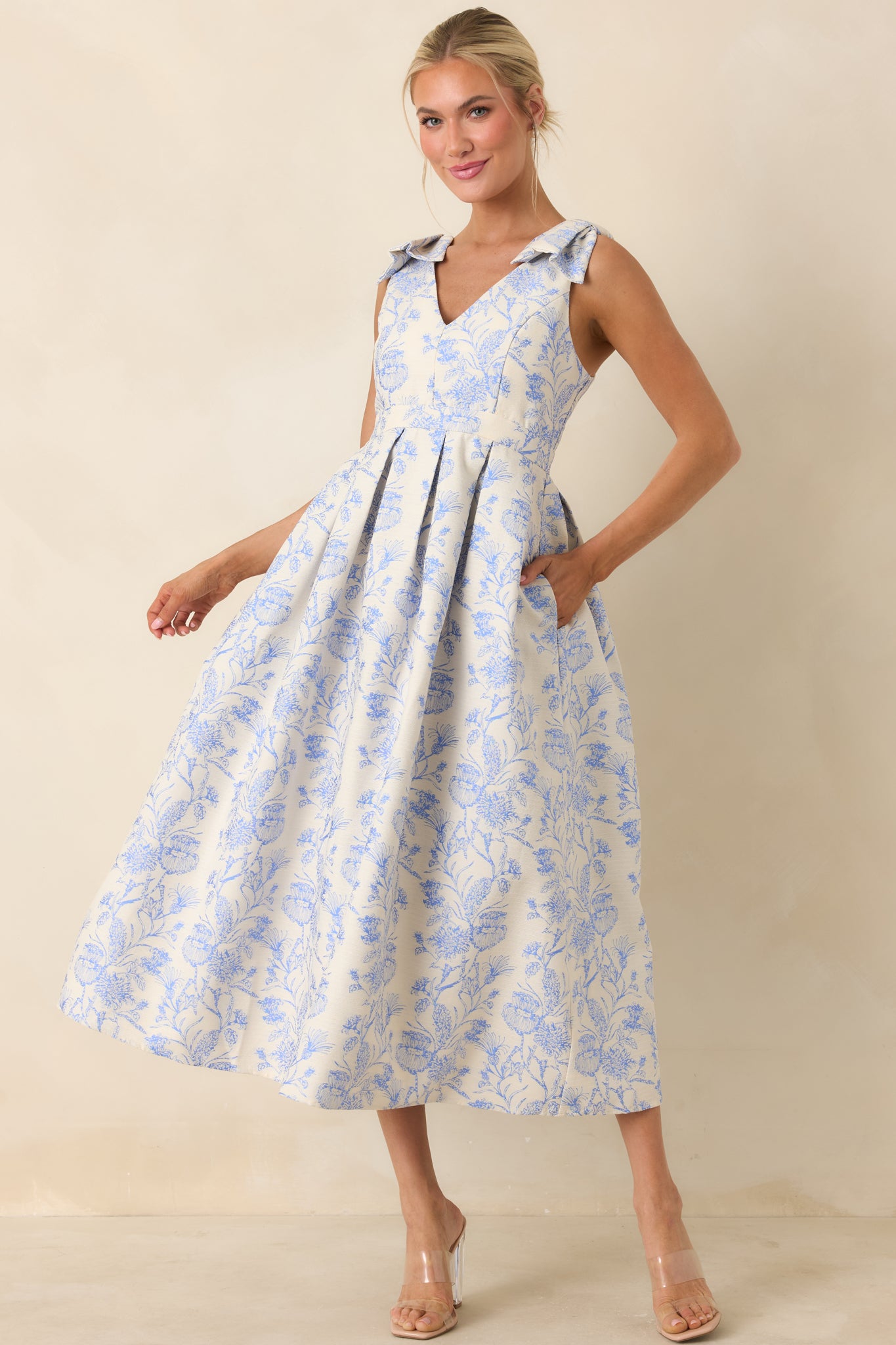 Tie It Up Pretty Blue Floral Bow Strap Midi Dress Tie It Up Pretty Blue Floral Bow Strap Midi Dress