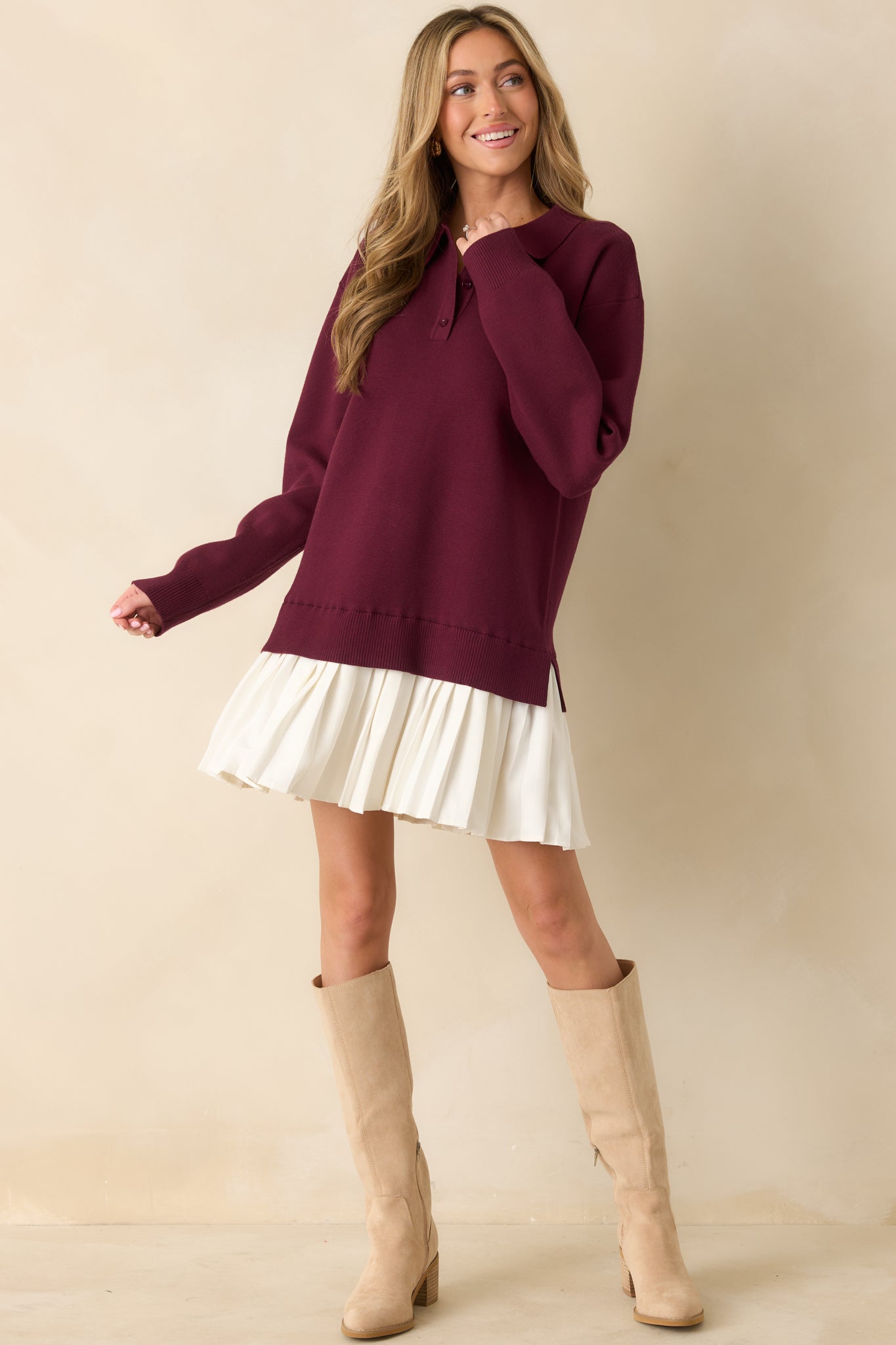 Front-facing image emphasizing the mini-length hem, ribbed trim, and button-front placket details.