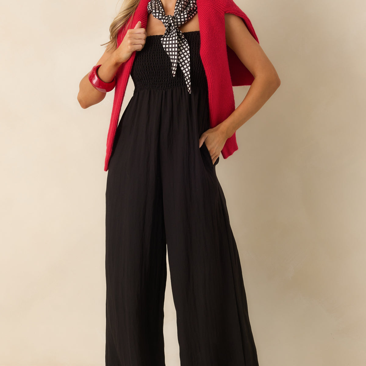 Z Supply Beachside Smocked Jumpsuit In Black Rayon | Red Dress