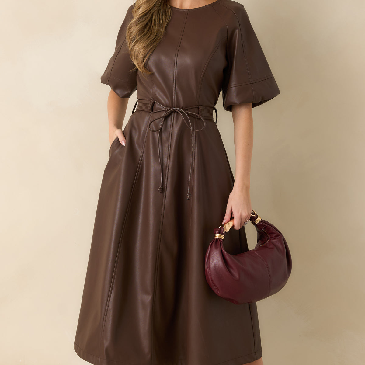 Women's Something to Behold Brown Faux Leather Short Sleeve Belted Midi Dress | Size: L | Red Dress Women's Something to Behold Brown Faux Leather Short Sleeve Belted Midi Dress | Size: L | Red Dress