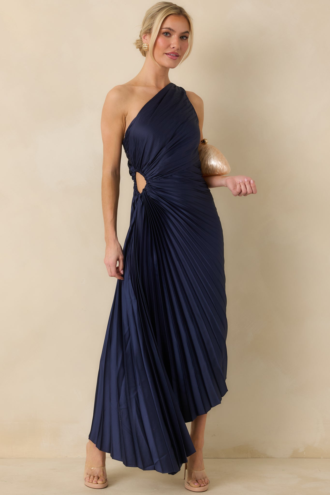 navy pleated dress Women's Poetic Charm Navy Blue Asymmetric One Shoulder Maxi Dress | Size: S
