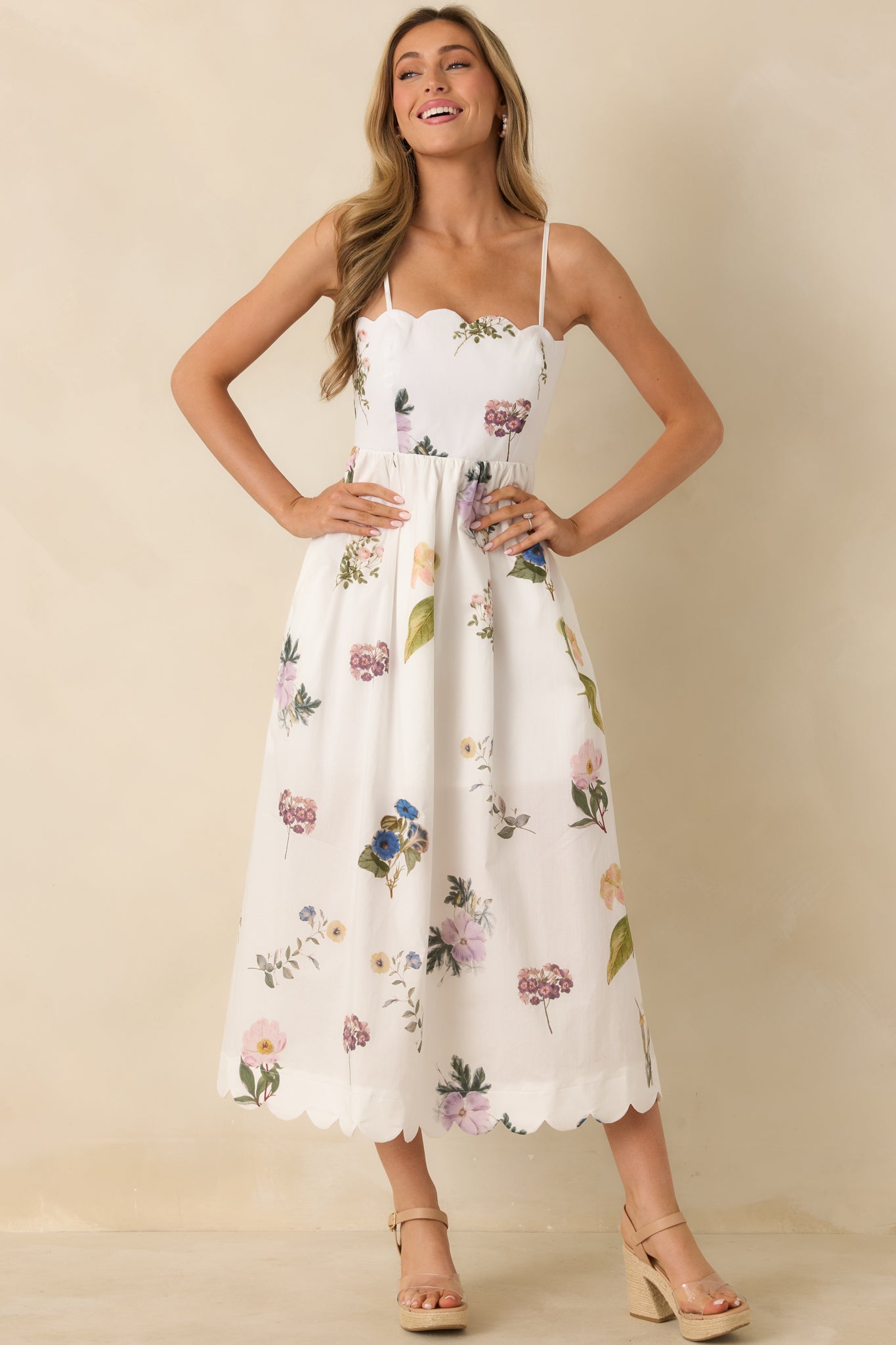 Women's Promise in Bloom White Multi Floral Cotton Tie-Back Scalloped Midi Dress | Size: L