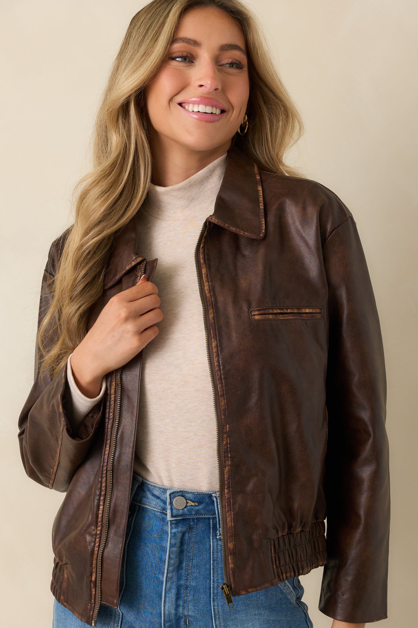 Brown Faux Distressed Leather Zip-Up Jacket - All Outerwear | Red
