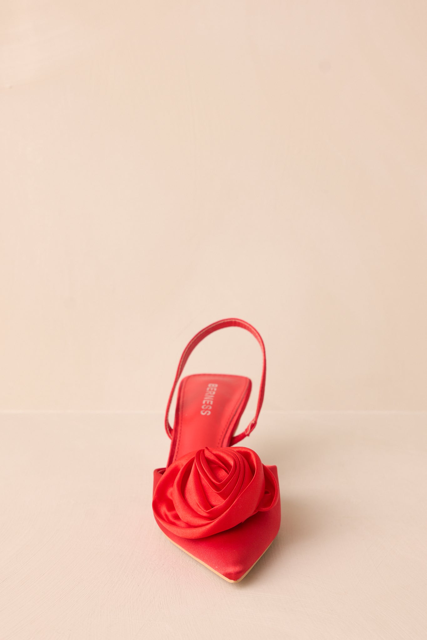A front-facing close-up showing the pointed toe and how the slingback strap curves around the foot.