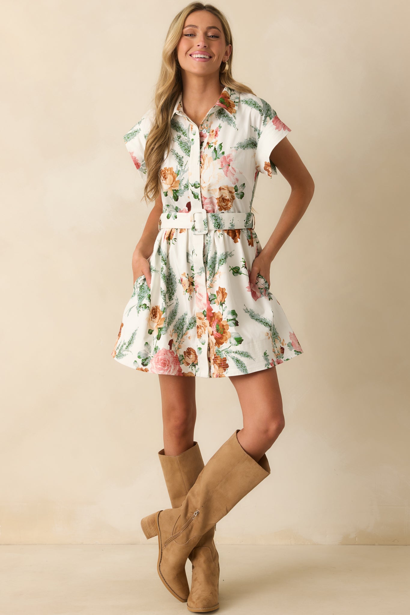 Another front-facing image highlighting the short sleeves and covered placket button front.