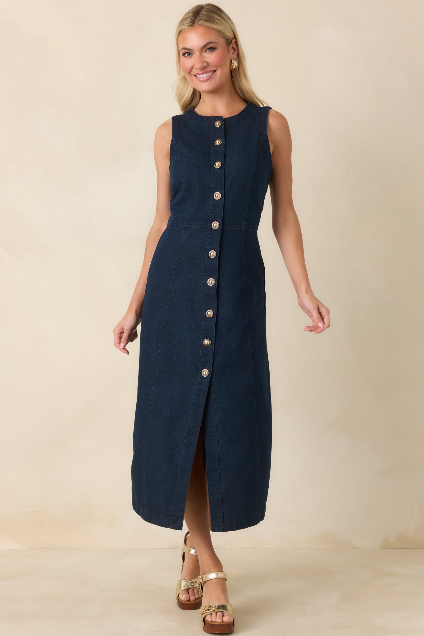 Women's Made to Command Dark Indigo Cotton Denim Button-Front Midi Dress | Size: L | Red Dress