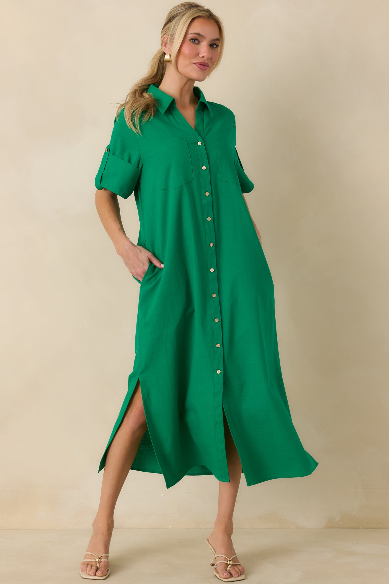Women's Show Me the Way Kelly Green Cotton Button Front Midi Shirt Dress | Size: L Women's Show Me the Way Kelly Green Cotton Button Front Midi Shirt Dress | Size: L