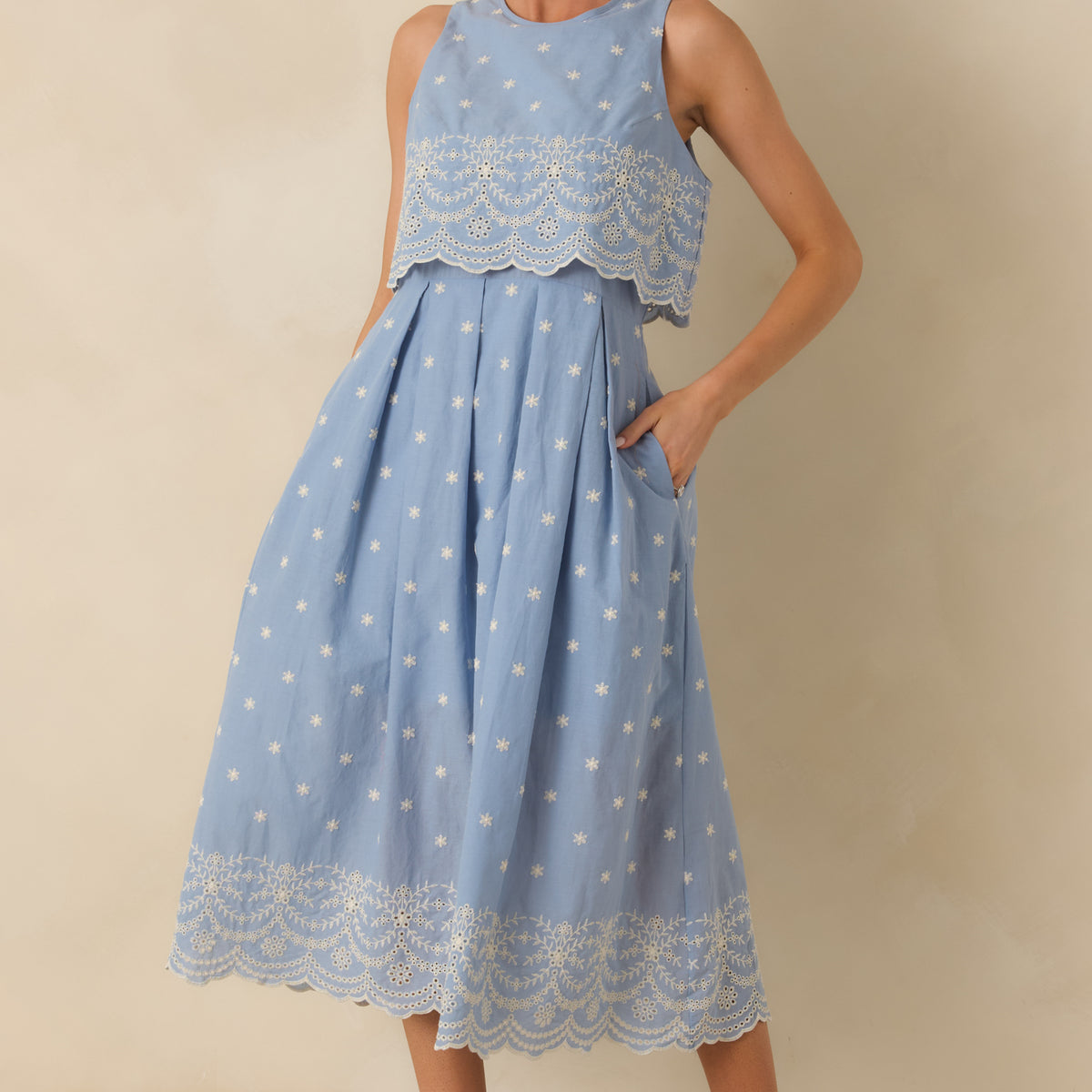 Right Here Waiting Light Blue Cotton Scallop Lace Embroidered Midi Dress