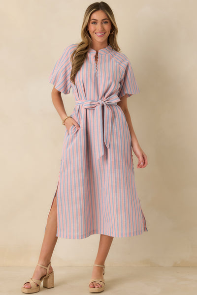 Women's Elegantly In Route Pink & Blue Stripe Cotton Blend Belt Tie Midi Dress | Size: L | Red Dress