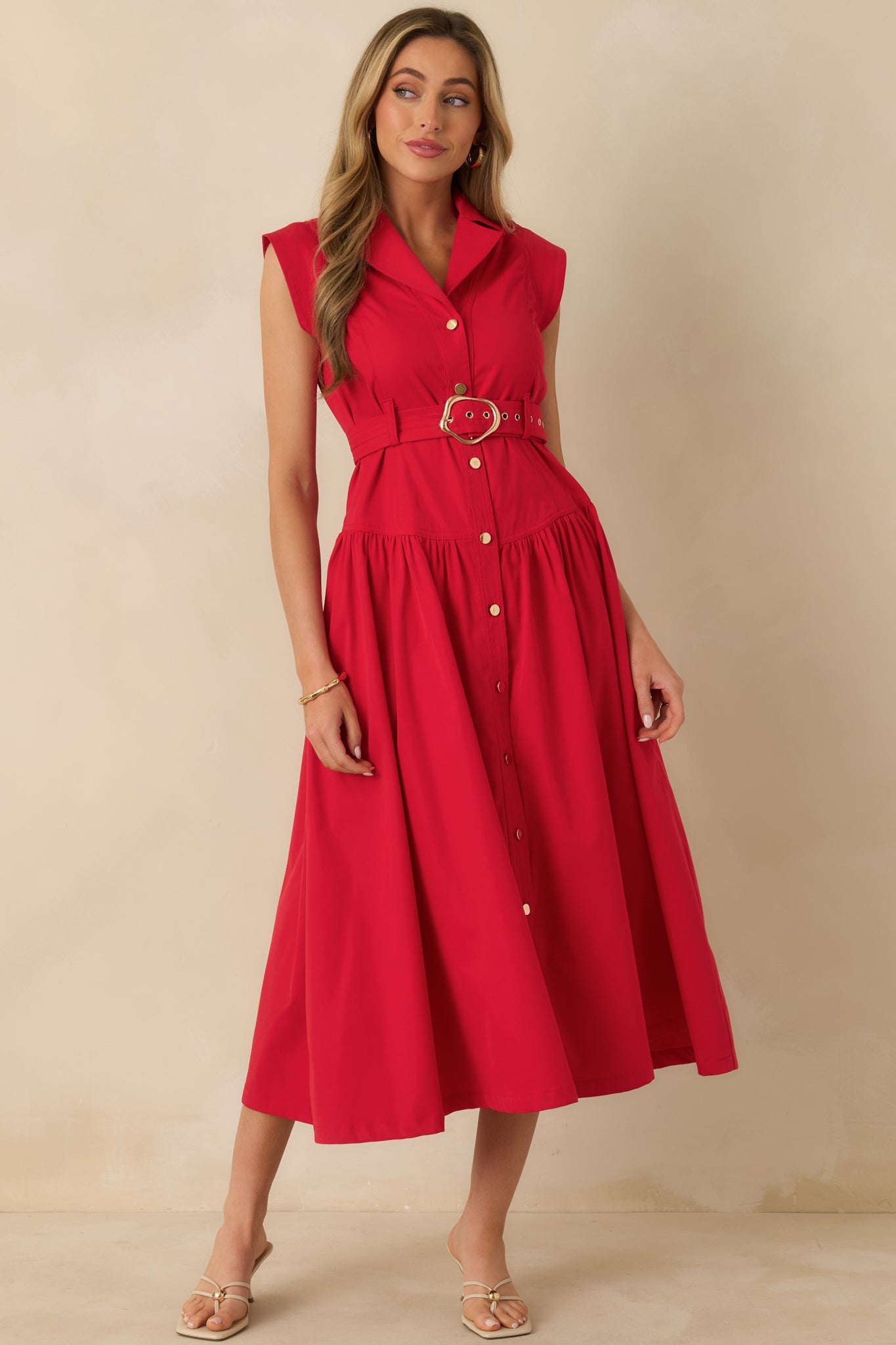 Red Sleeveless Belted Maxi Shirt Dress - All Dresses