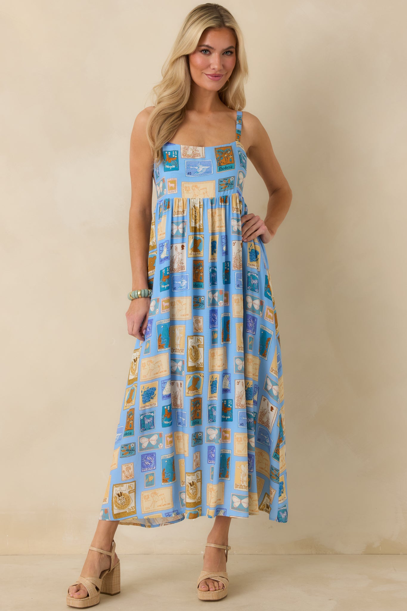 Blue Multi Vintage Stamp Print Midi Dress - All Dresses | Red Dress