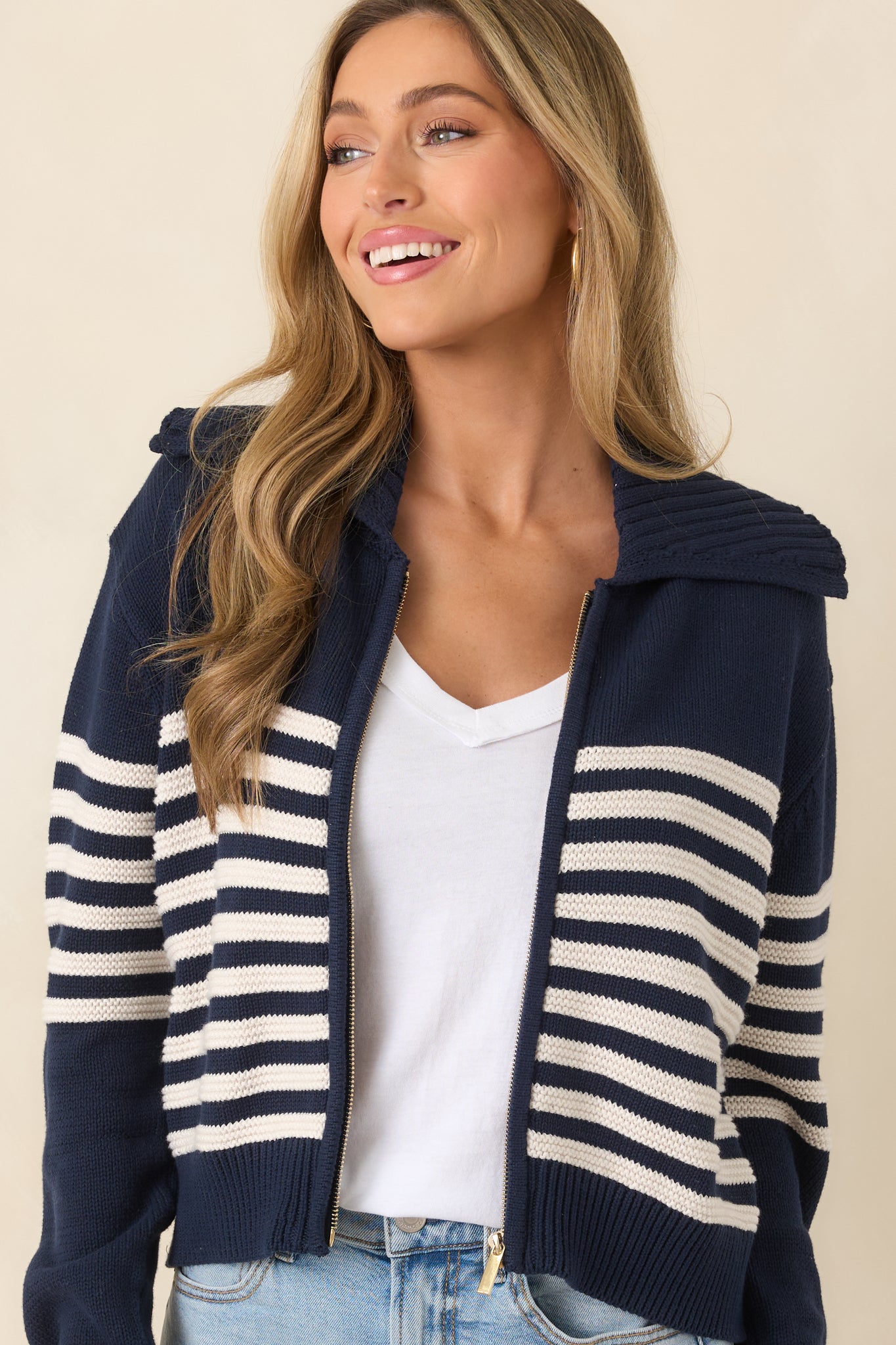 Red Dress | Z Supply Kovac Navy & Ivory Stripe Cotton Sweater Jacket