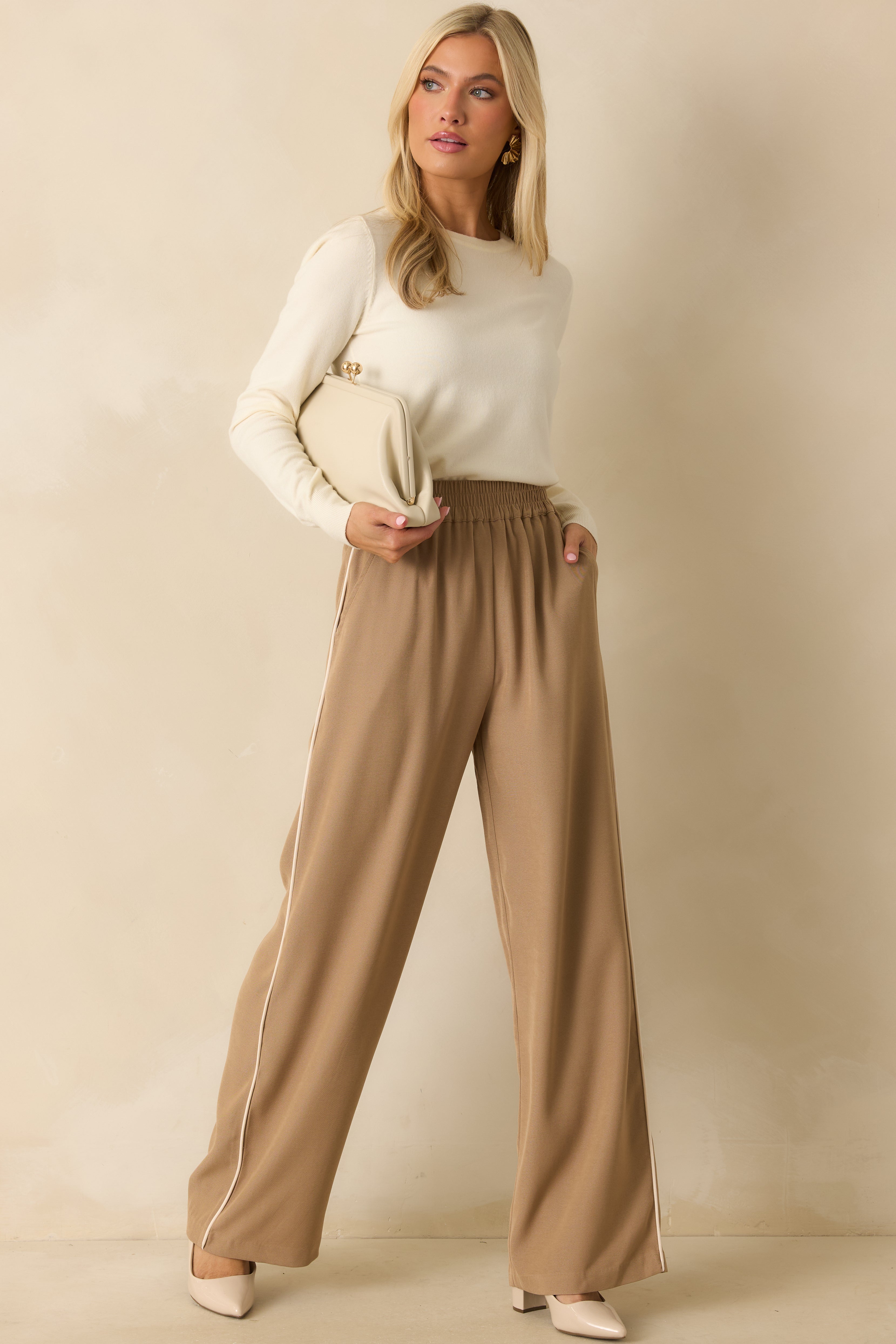 Front-facing view highlighting the wide leg silhouette and lightweight woven fabric.