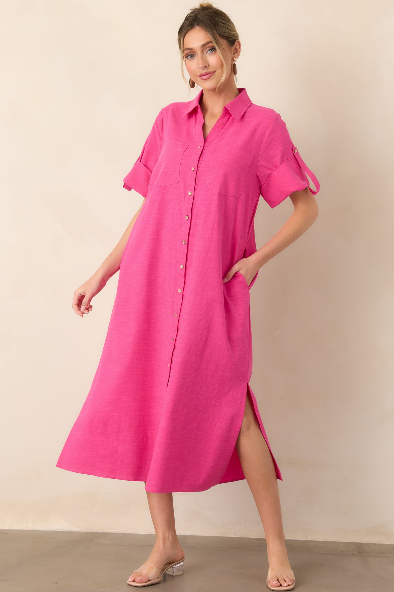 Women's Show Me the Way Fuchsia Cotton Button Front Midi Shirt Dress | Color: Fuchsia Pink | Size: M
