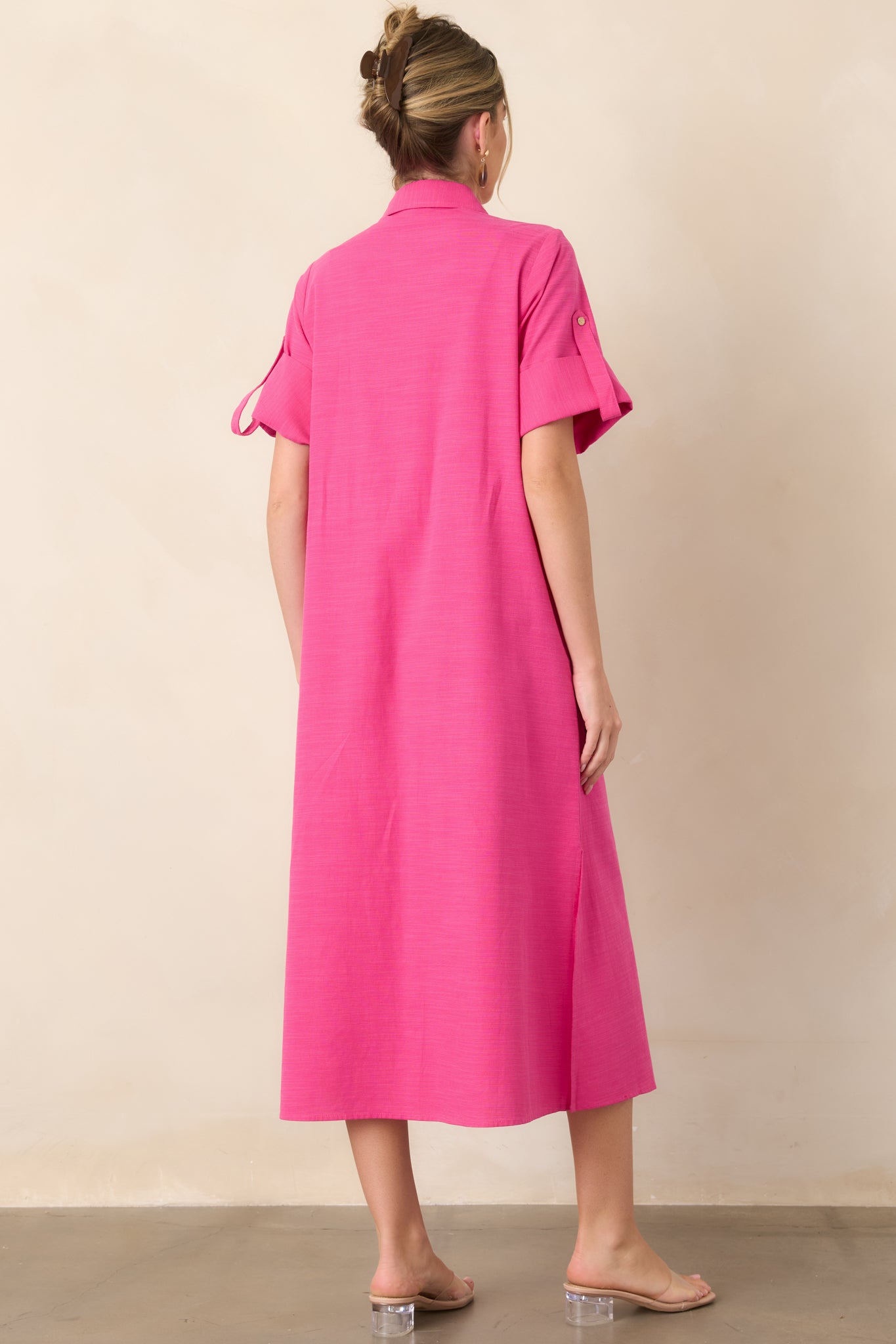 fall shirt dresses Women's Show Me the Way Fuchsia Cotton Button Front Midi Dress | Color: Fuchsia Pink | Size: M loop:groveribbedmaxidress Formal Gowns for Teenager Color:Yellow4 front silhouette keeps things