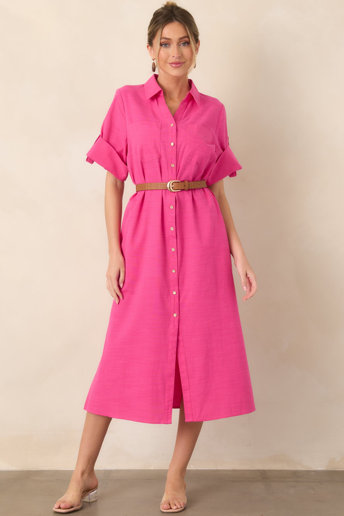 long sleeve pink shirt dress Women's Show Me the Way Fuchsia Cotton Button Front Midi | Color: Fuchsia | Size: M black and red dress linen dress with sleeves Ball Gown Macys Petite Jacket Size:US Jacket 58