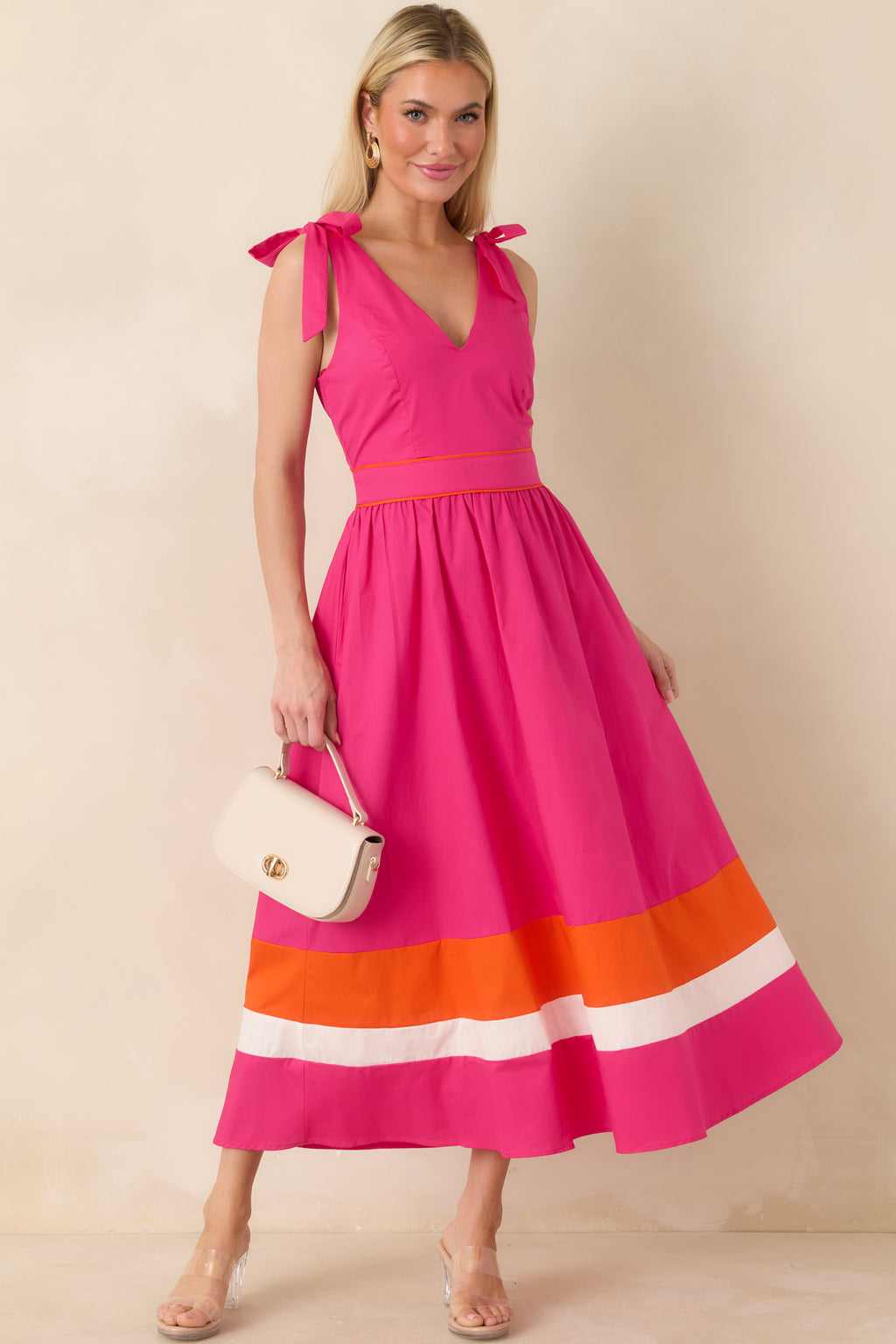 fuchsia midi dress Just Getting Started Fuchsia Pink & Orange Cotton Tie Strap Midi Dress