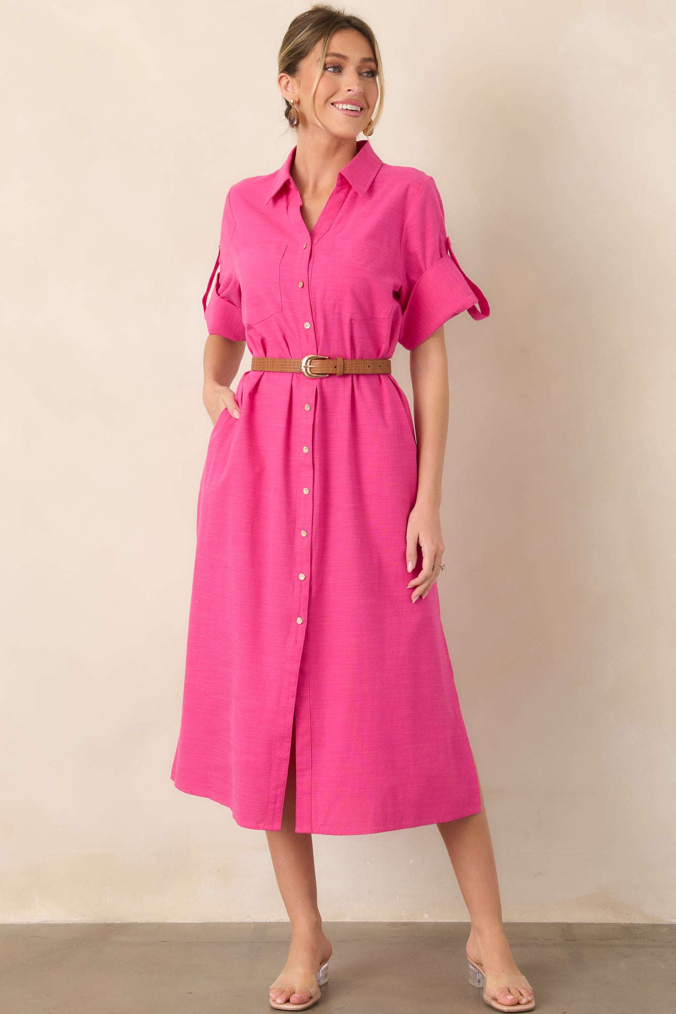 long sleeve cotton shirt dress Women's Show Me the Way Fuchsia Button Front Midi | Color: Fuchsia Pink | Size: M 88 cm/34 Pretty Earth-Tone Bridesmaid Dresses Plus Size Maternity Wedding Dresses Maternity Size:M