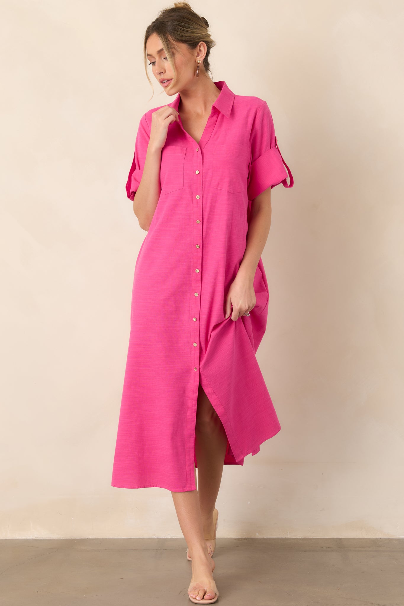 Women's Show Me the Way Fuchsia Cotton Button Front Midi Shirt Dress | Color: Fuchsia Pink | Size: M