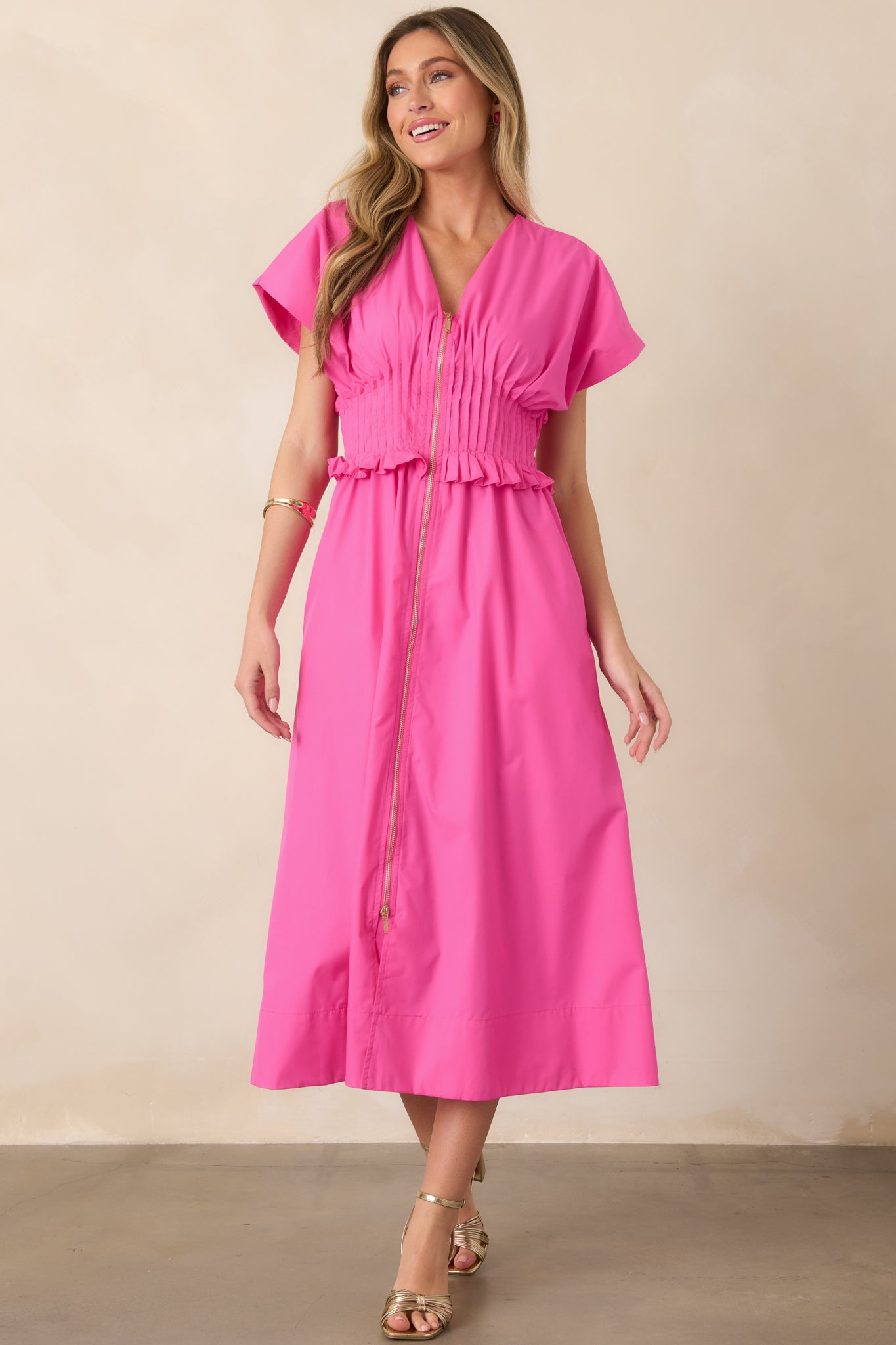 Let It Be Easy Fuchsia Smocked Waist Zip Maxi Dress | Entro